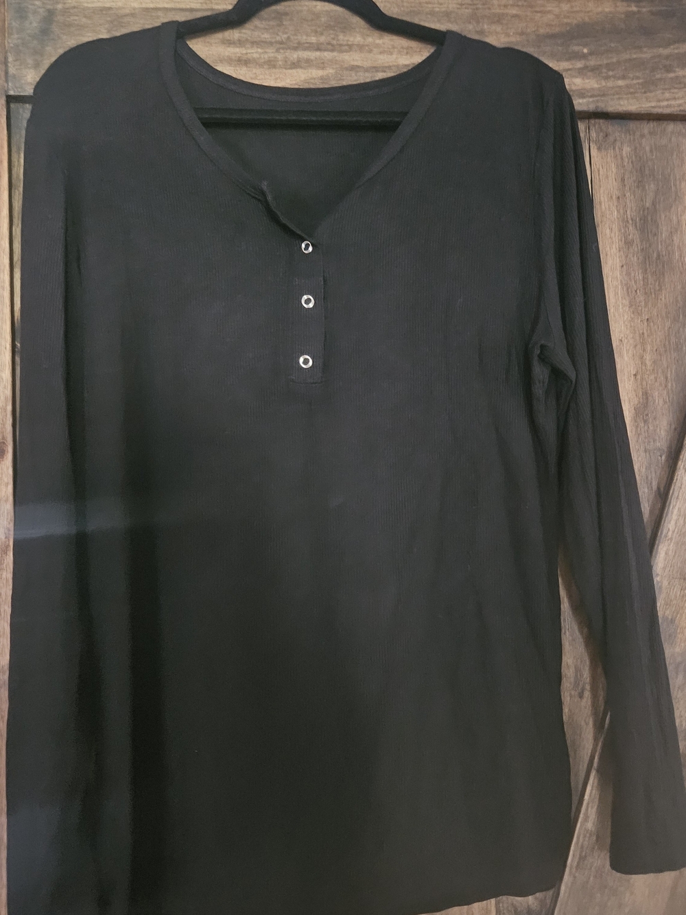 Black Long-Sleeve Henley Shirt Waffle Knit